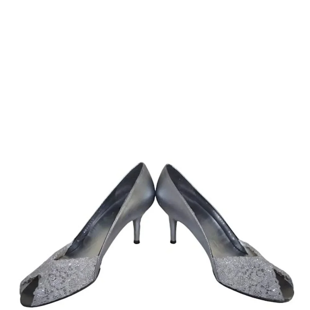 Stuart Weitzman Vintage Silver Chantilly Lace Gem Formal Peep Toe Heels Size 9.5